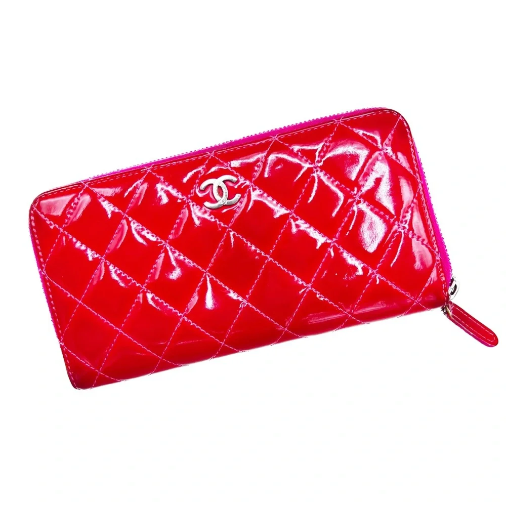 CHANEL Patent Quilted Zip Around Long Wallet Pink Salmon 14 Series (2011)